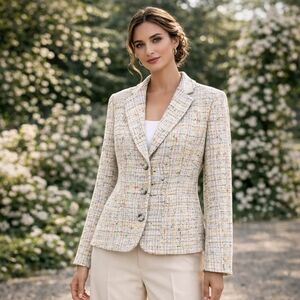 ANNE KLEIN Tweed Blazer 8P Chanel-Style Multicolor Bouclé Jacket Cropped